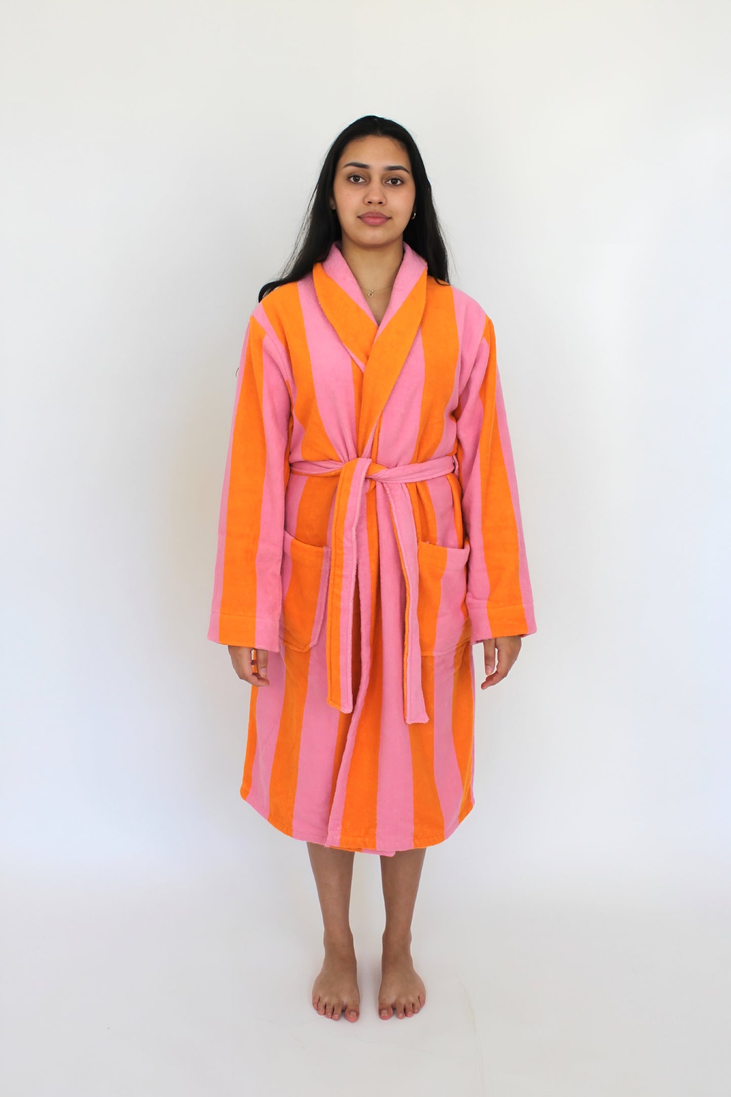 Bademantel aus Baumwolle in Orange/Rosa gestreift