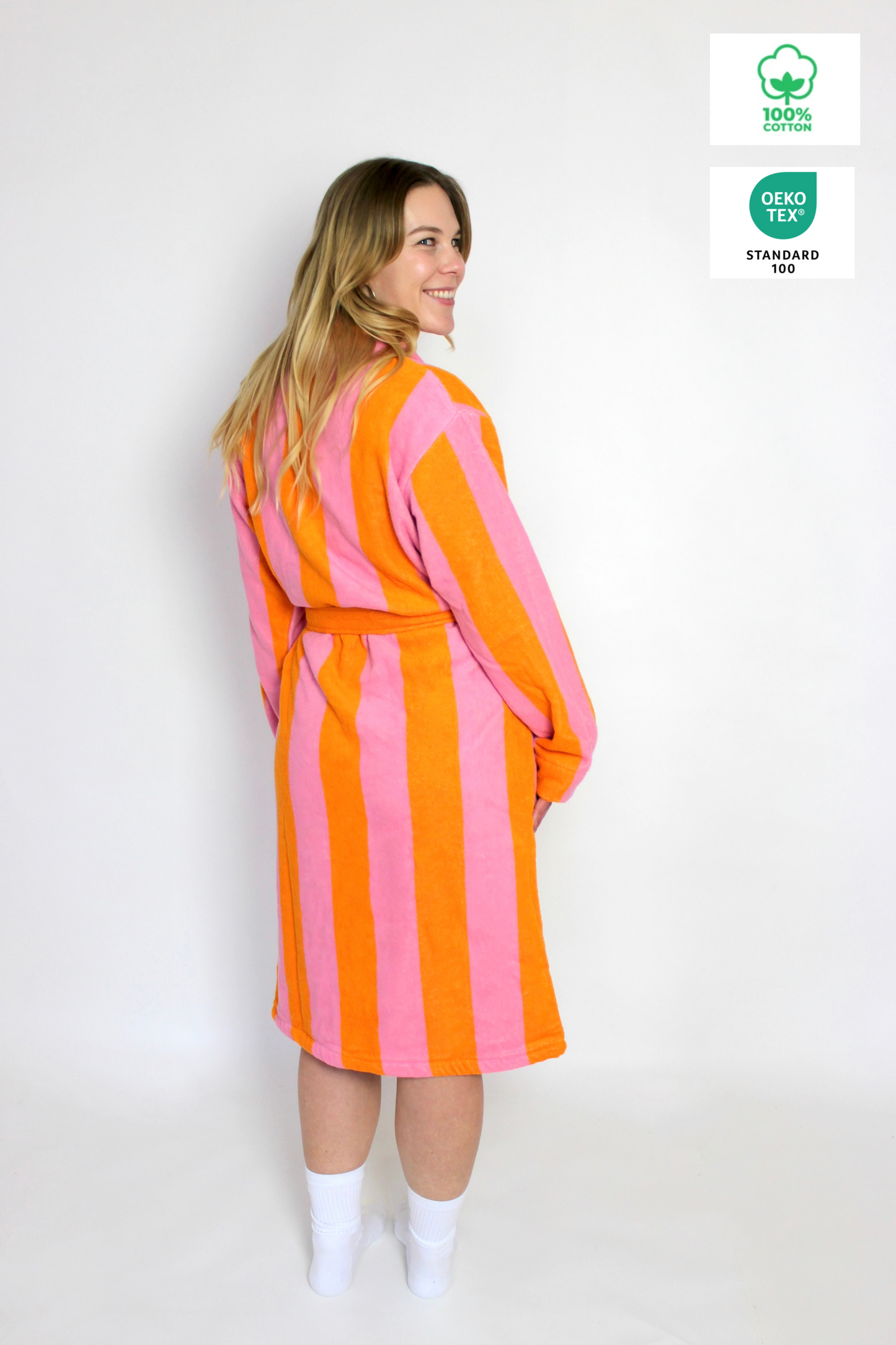 Bademantel aus Baumwolle in Orange/Rosa gestreift