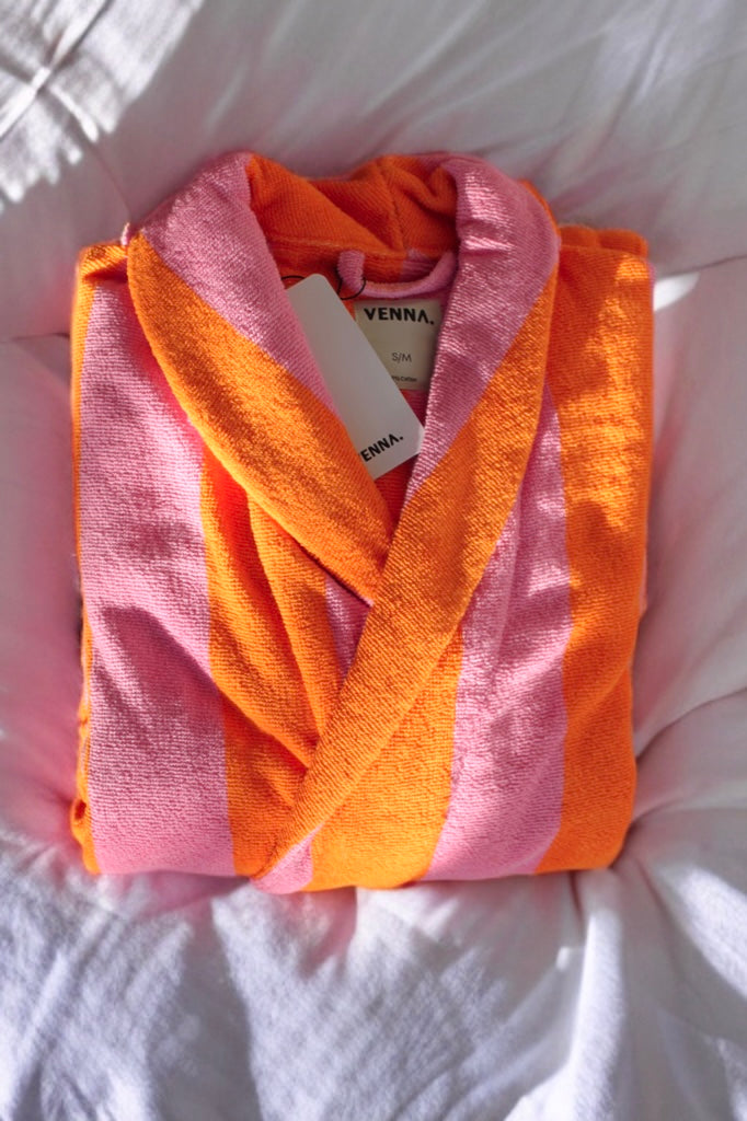 Bademantel aus Baumwolle in Orange/Rosa gestreift